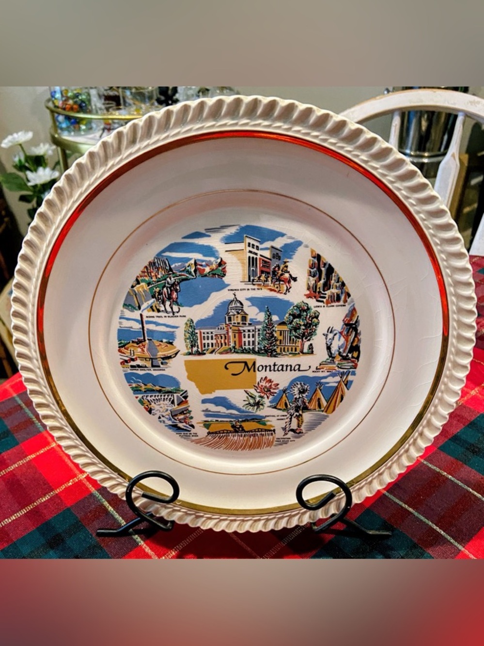 Montana Collector Decorative Plate in White and Gold with Red Accent